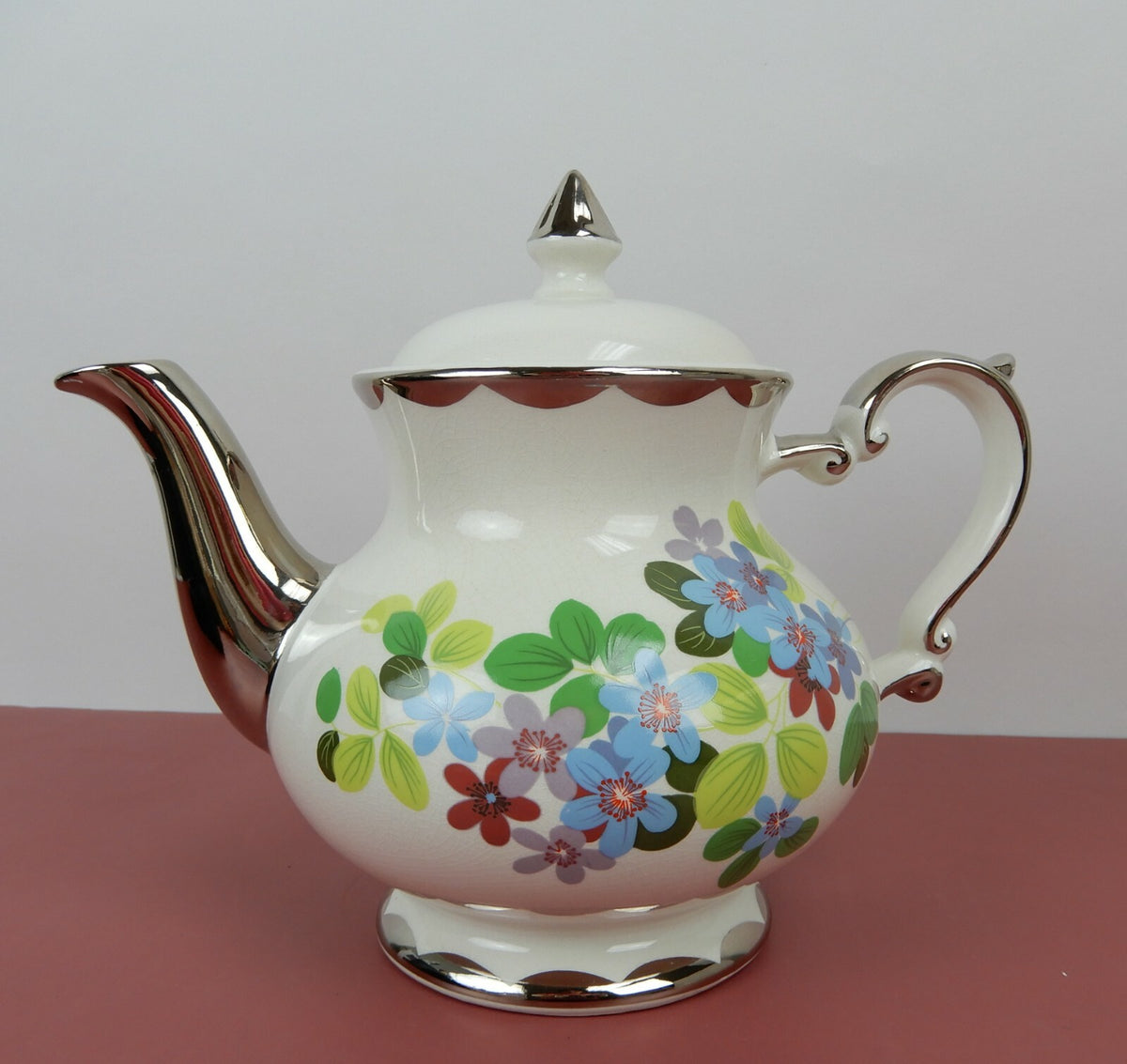 Vintage Gibson Staffordshire Tiffany Teapot Silver Trim, Floral Design