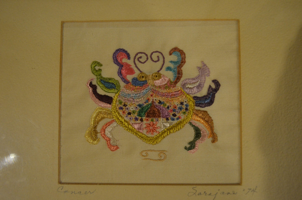 Homemade Multicolored Framed Cross Stitched Cancer Horoscope Zodiac Sign