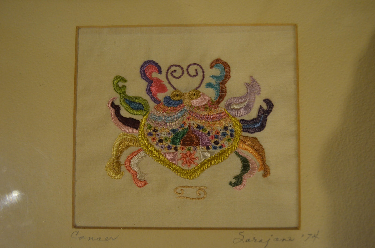 Homemade Multicolored Framed Cross Stitched Cancer Horoscope Zodiac Sign