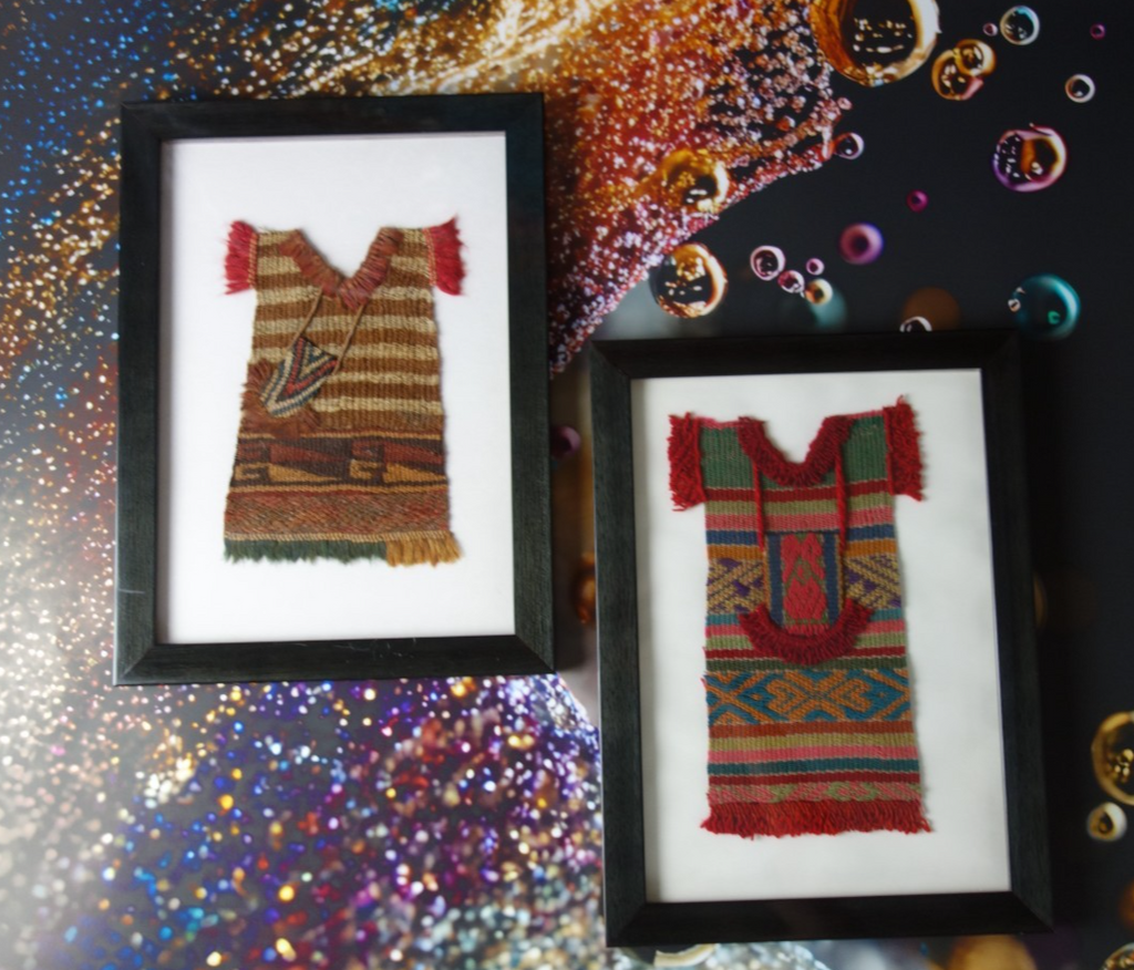 Pair of Precolombian Woven Textile Small Doll Dress Framed 11" X  8"