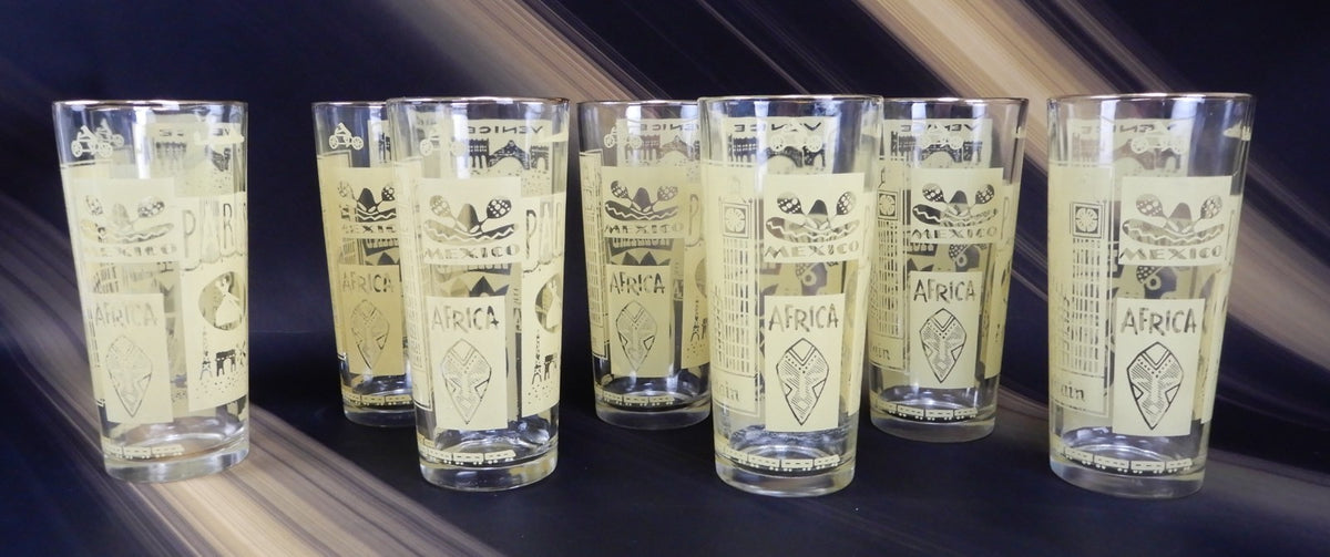 8 Piece Vintage High Ball Yellow Glass Travel Tumblers World Destination 16 oz