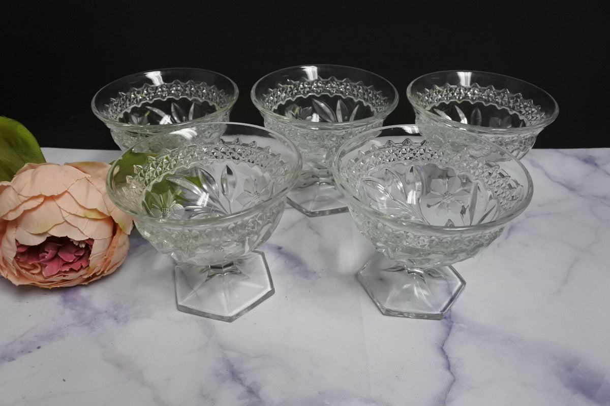 Lot Of 5 Mckee Footed Pressed Glass sherbet glasses With Etched Daisies