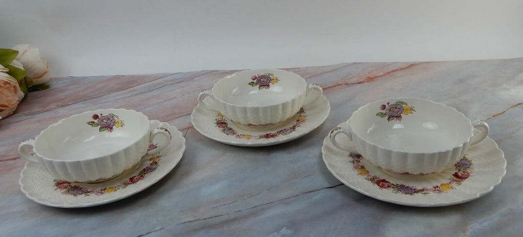 Vtg Copeland Spode "Rose Briar" Set of 3 Cream Soups and Saucers Made In England