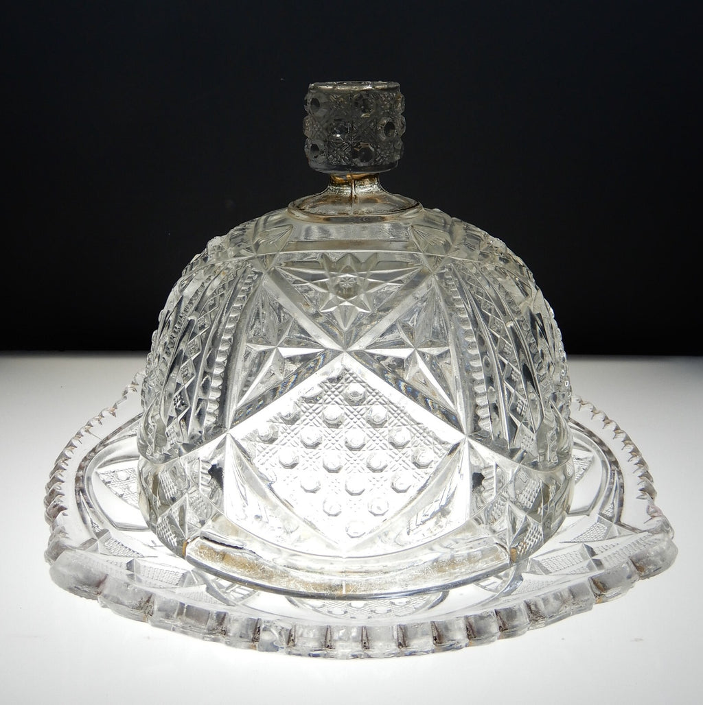 Vintage Clear Press Glass Lidded Round Butter Dish Gold Rims