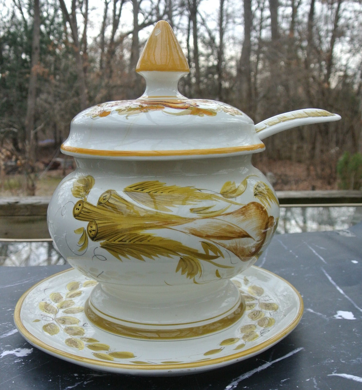 Vintage Italian Yellow Ceramic Tureen with Platter & Ladle Hand Painted