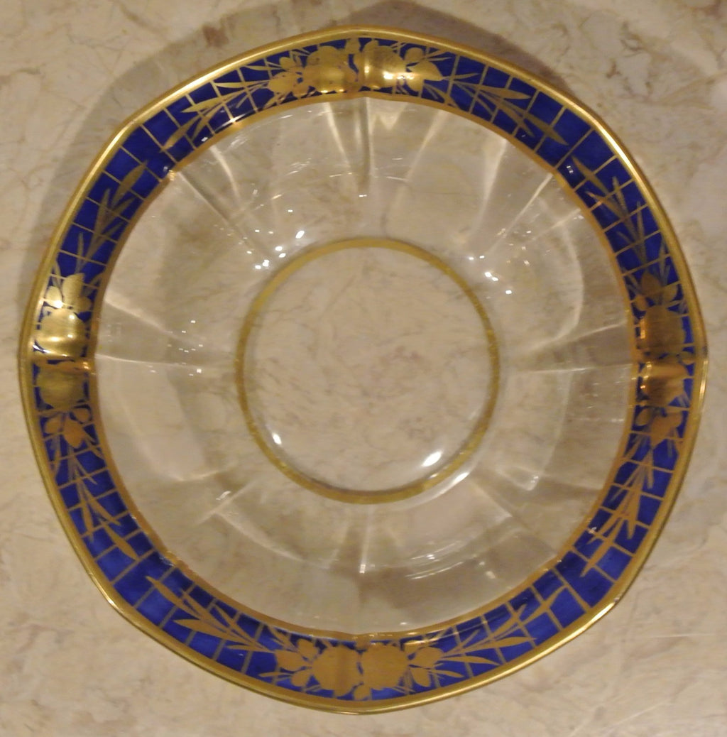 Blue Gold Glass Bowl, Clear Center, German Style (9" Diameter)