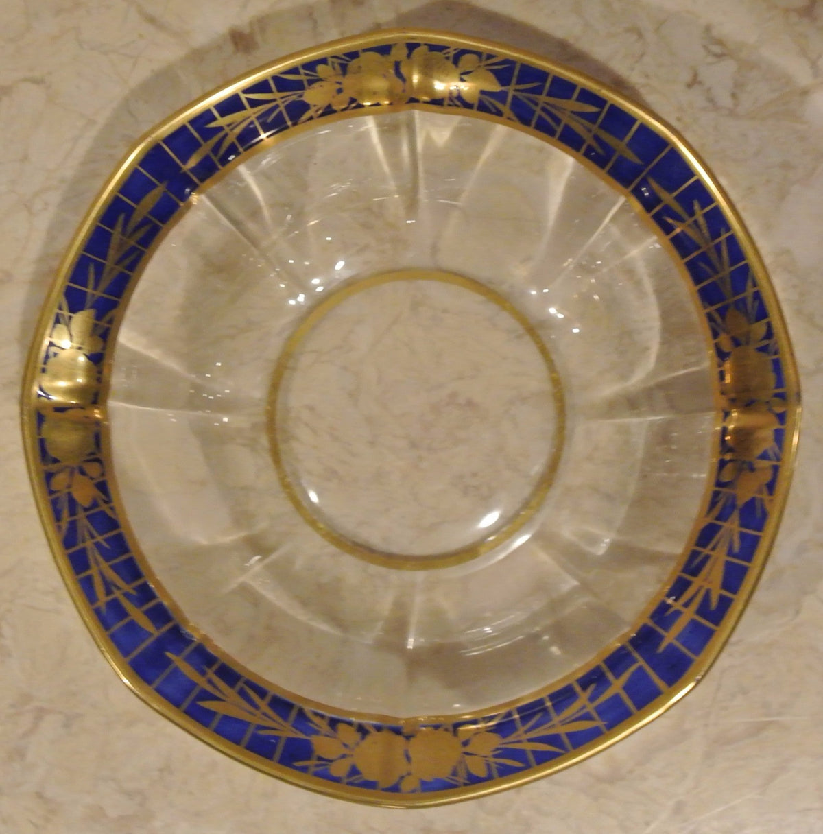 Blue Gold Glass Bowl, Clear Center, German Style (9" Diameter)