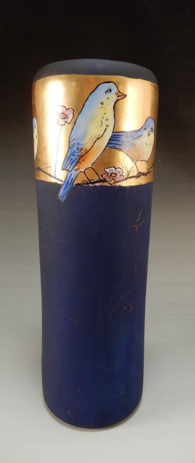 Antique PH Leonard Vienna Austria Hand Painted Birds Cylindrical 12-1/2" Vase