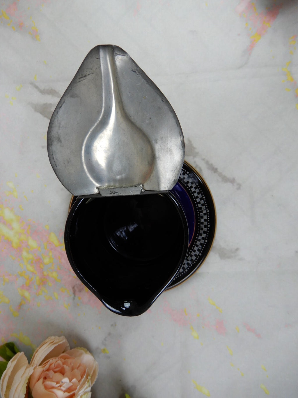 Vintage Ceramic Syrup Pitcher  with Metal Lid and Underplate