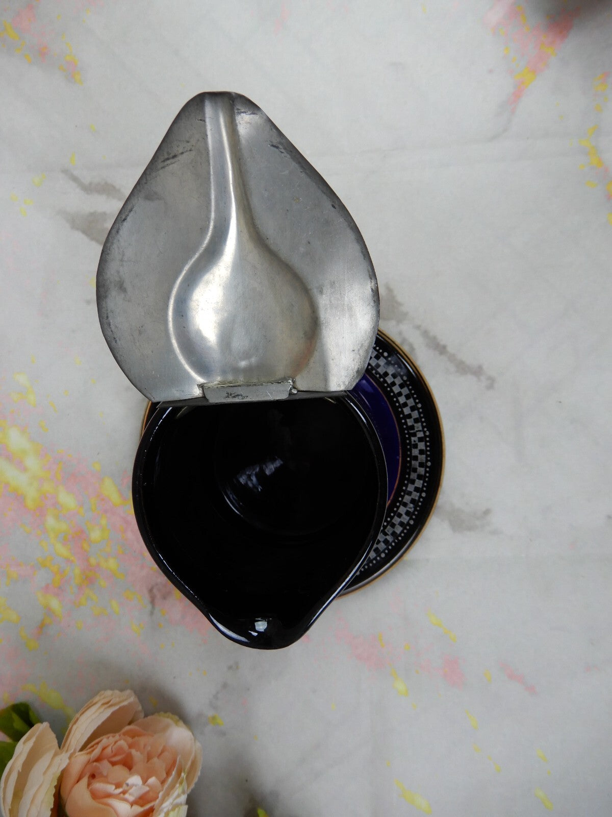 Vintage Ceramic Syrup Pitcher  with Metal Lid and Underplate