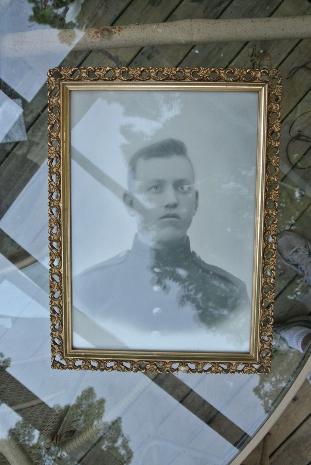 Vintage Antique Black and White Photo Print of Young Man In Meta Frame. Military