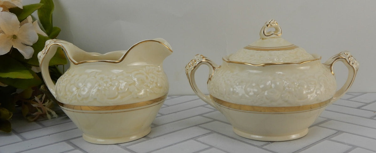 Vintage Crown Ducal Gold Gild Band Florentine Sand Cream Sugar Bowl and Creamer