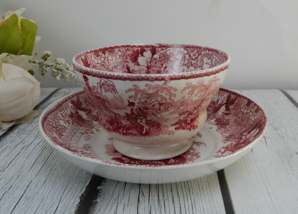 Corinth Pattern Cramberry Red Transferware Handleless Cup and Saucer