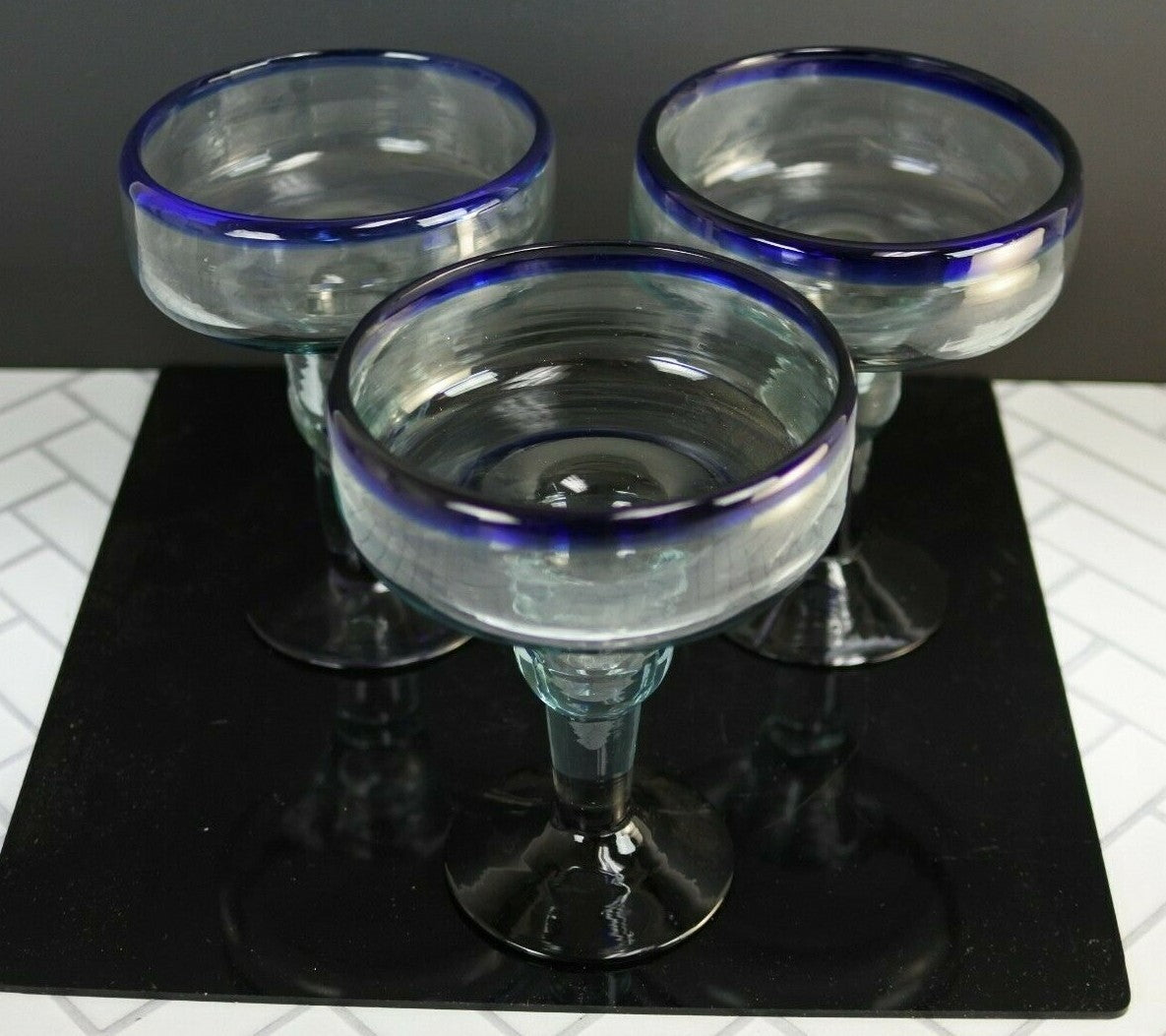 Lot Of 3 Vintage Mexican Hand Blown Cobalt Blue Rim Margarita Glasses