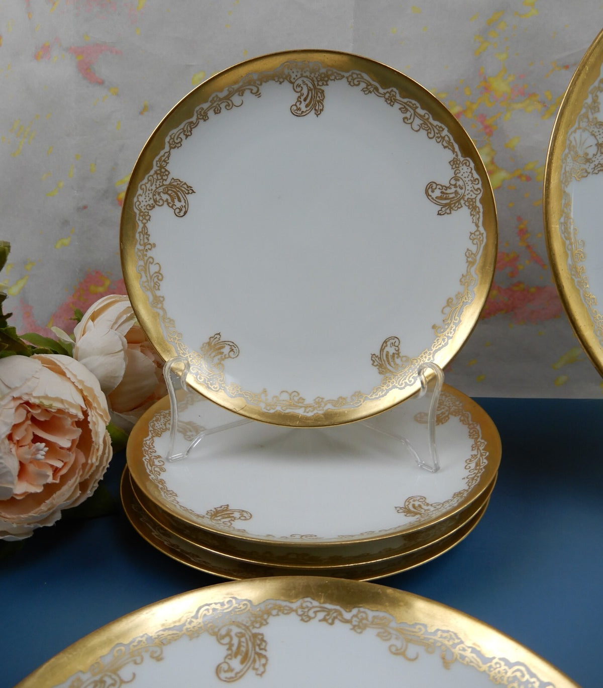 Antique Haviland France Gold Rim Cake Plate and 6 Dessert Plates