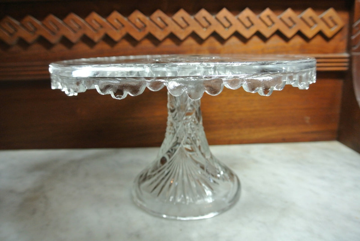 Vintage Star and Fans Press Glass Cake Stand