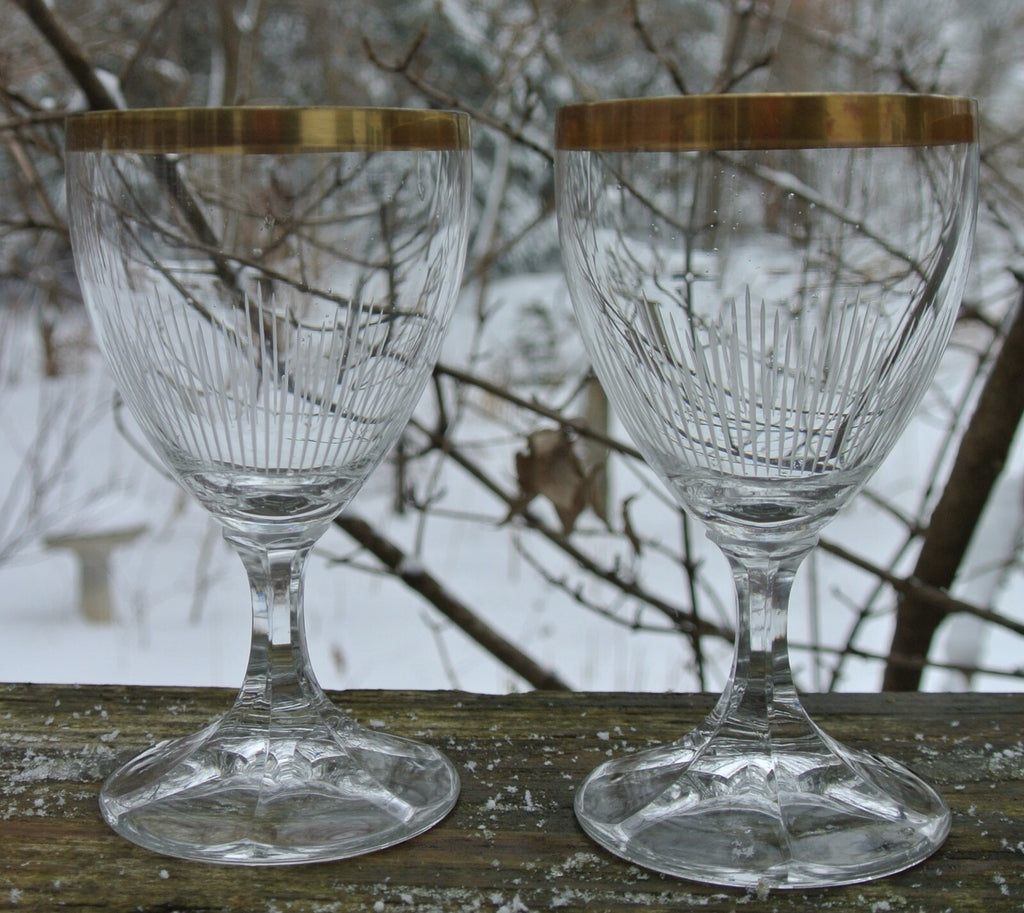Set of 5 Elegant Cordial Clear Etched with Gold Rim Glasses