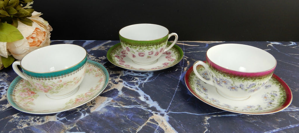 Set of 3 Cups and Saucers with Flowers Made in Austria (Eagle Flying Mark)