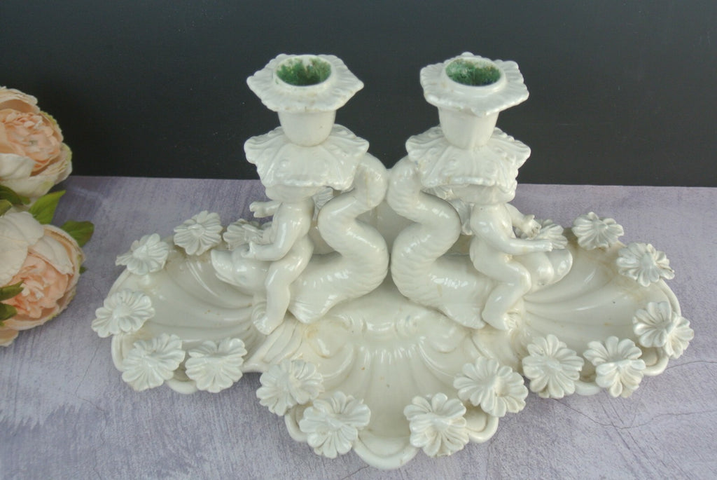 Ceramic Double Candlebra Clamshell Base Baby Cherub Babies Sitting on Dolphins
