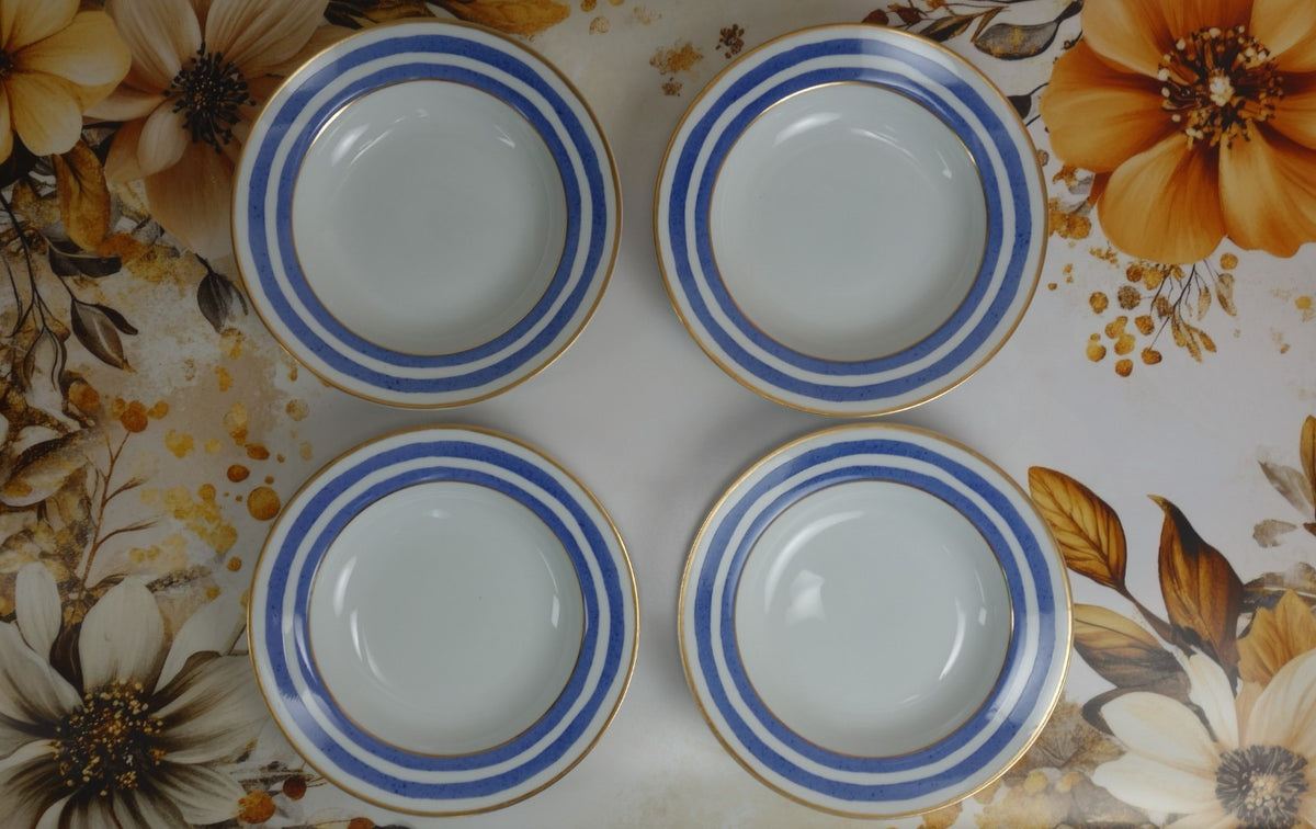 Set of 4 Crate & Barrel VERANDA Gold Rim Blue Striped Soup Bowls
