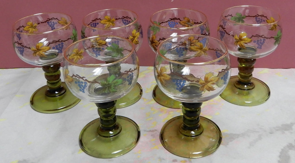 Vintage Set Of 6 Roemer Bubble Green Stem Glasses With Leaf Vine Wine Design