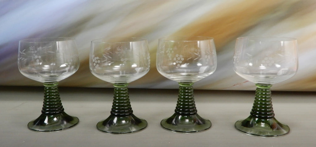 Vintage Set Of 4 Roemer Ruwer Green Stem 11 oz Glasses 1/4L
