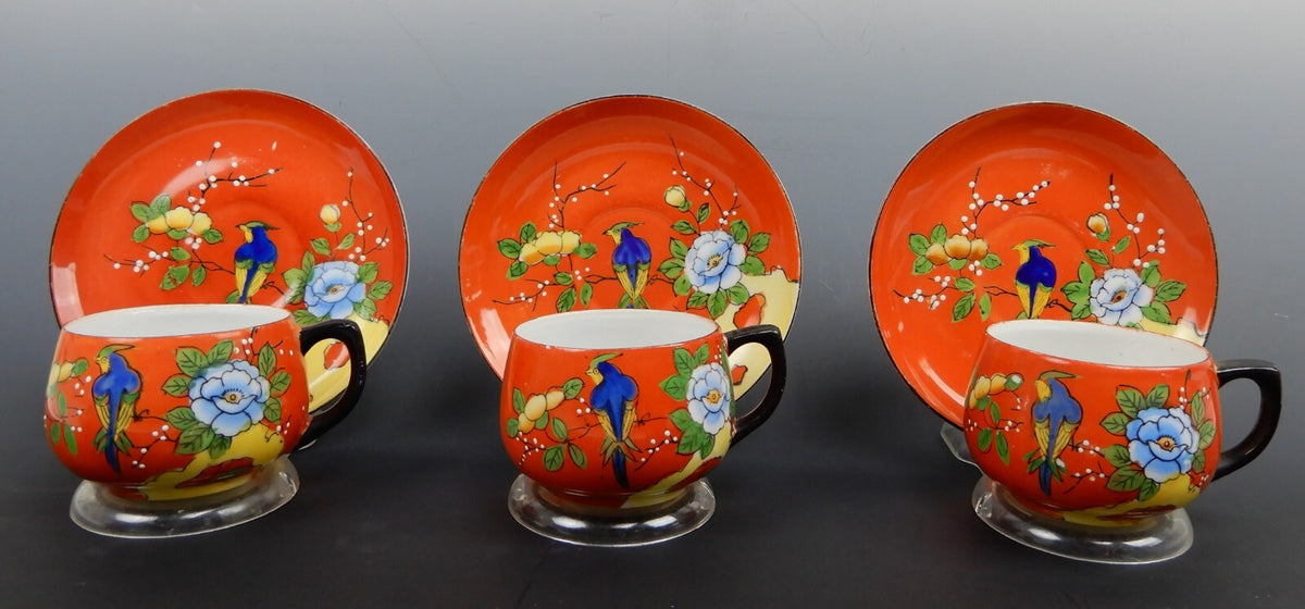 Set of 6 Chikaramachi Japan Hand Painted Bird Asian Florals Cup and Saucer