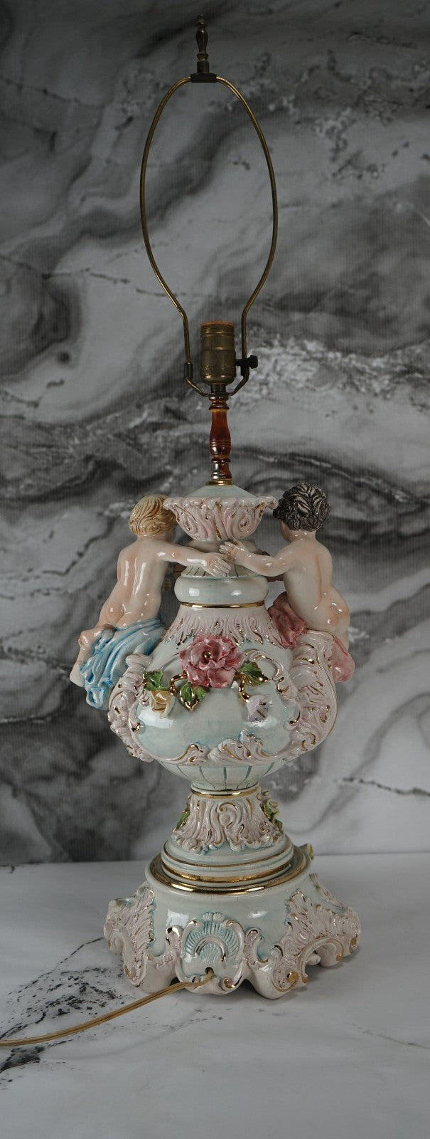 Vintage Porcelain Floral Capodimonte 3 way Light Italian Table Lamp w/Cherubs