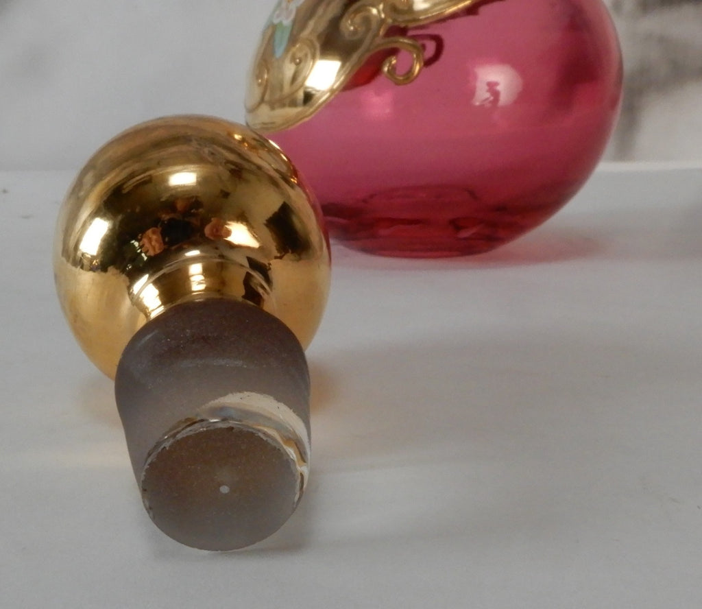 Vintage Glass Czech Bohemia Hand-Painted Red Cruet with Stopper