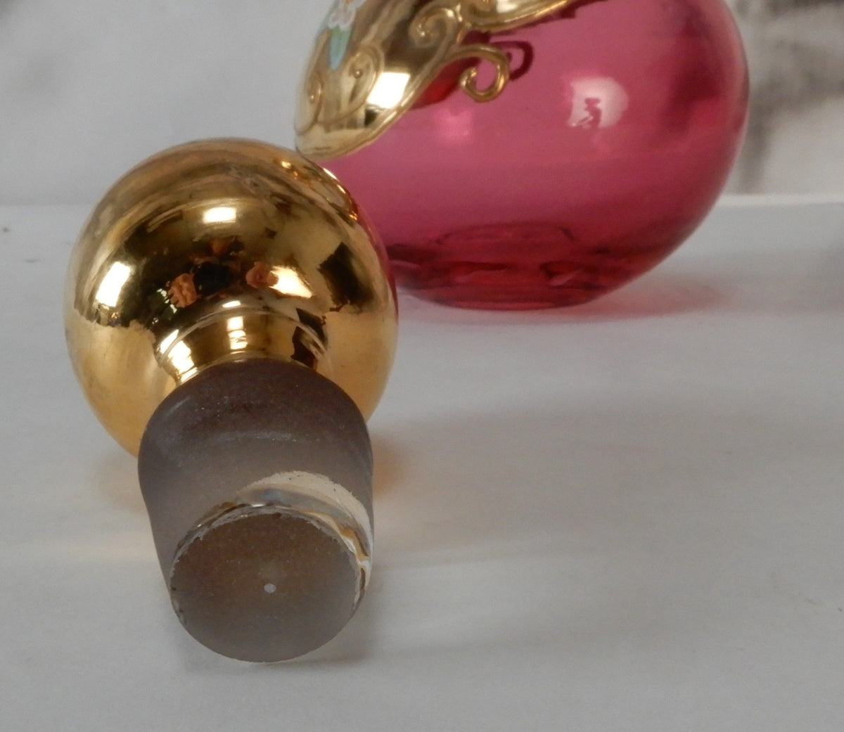 Vintage Glass Czech Bohemia Hand-Painted Red Cruet with Stopper