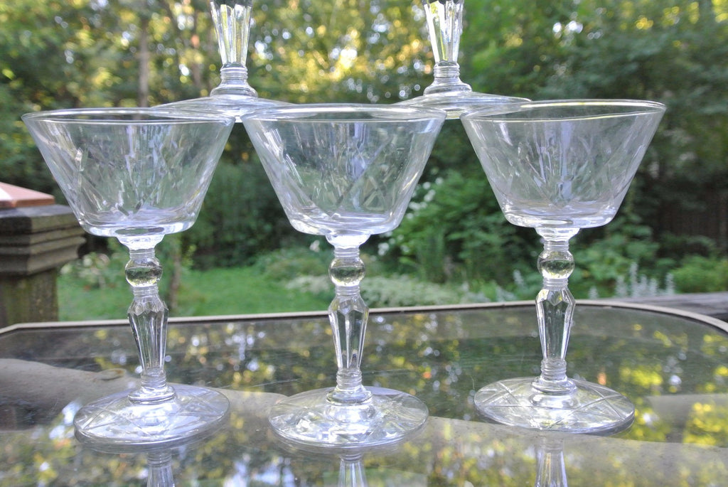 6 CLEAR CRYSTAL Champagne Sherbet glasses w/ THUMBPRINT AND CRISS CROSS DESIGNS