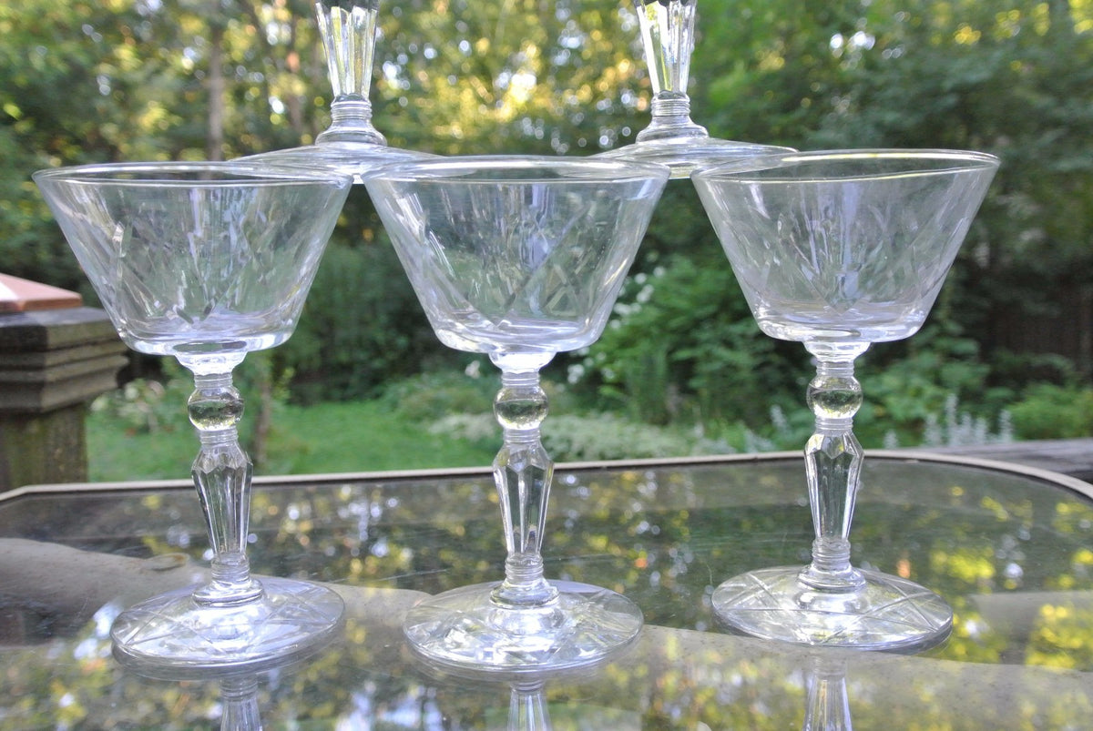 6 CLEAR CRYSTAL Champagne Sherbet glasses w/ THUMBPRINT AND CRISS CROSS DESIGNS