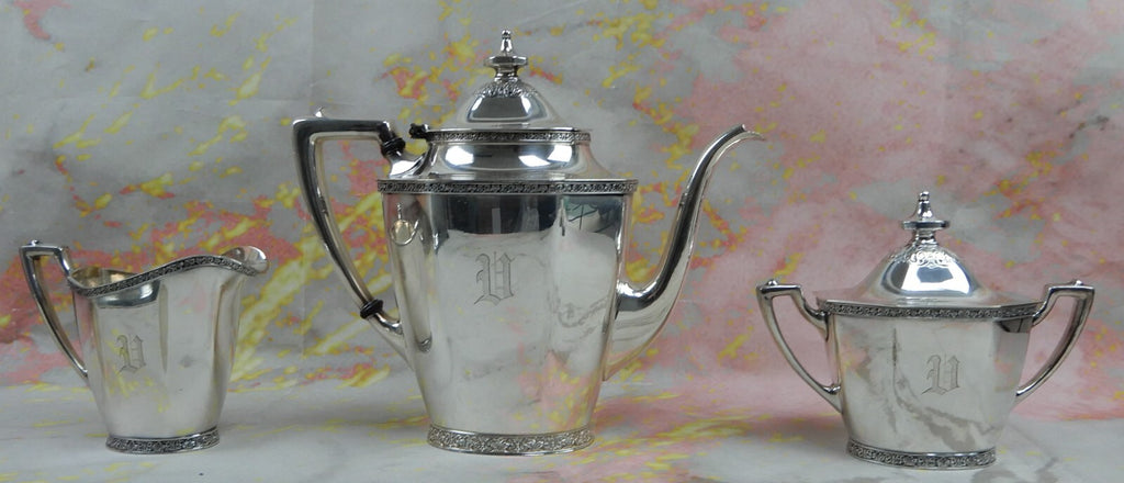 Andover Silver Plated Coffee Pot, Creamer, Sugar Bowl with Tray