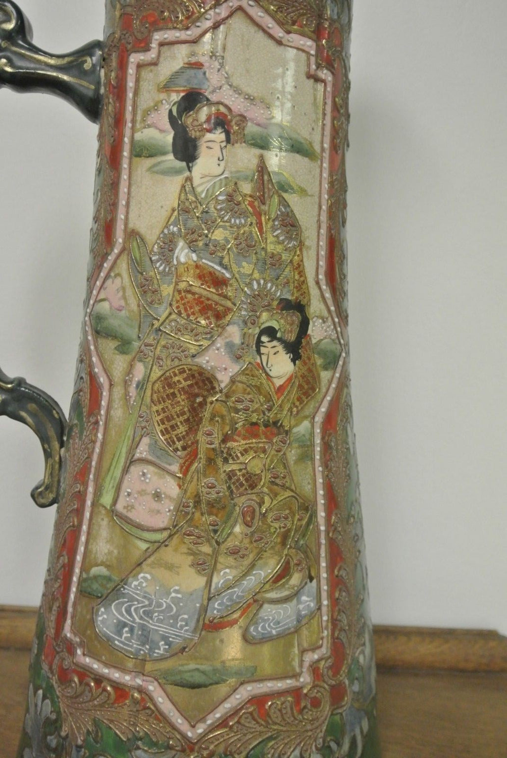 Japanese Satsuma Hand Painted Slipware Earthenware Ewer 16" High