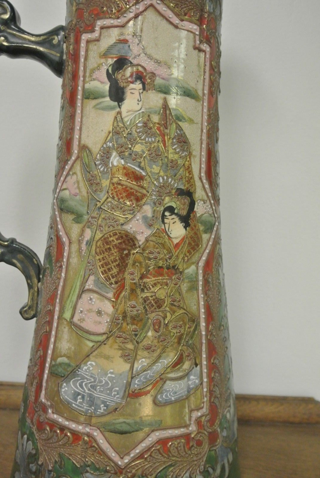 Japanese Satsuma Hand Painted Slipware Earthenware Ewer 16" High