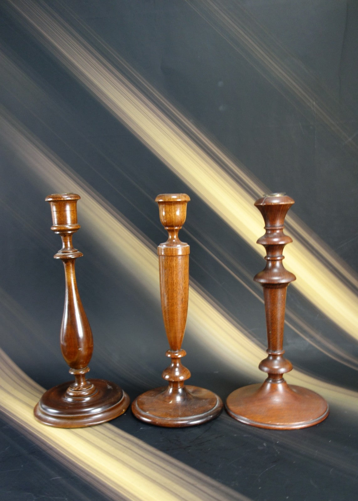 Set of 3 Vintage Wood Mid-Century Modern Candle Holders 12-3/8", 12", 11-5/8"