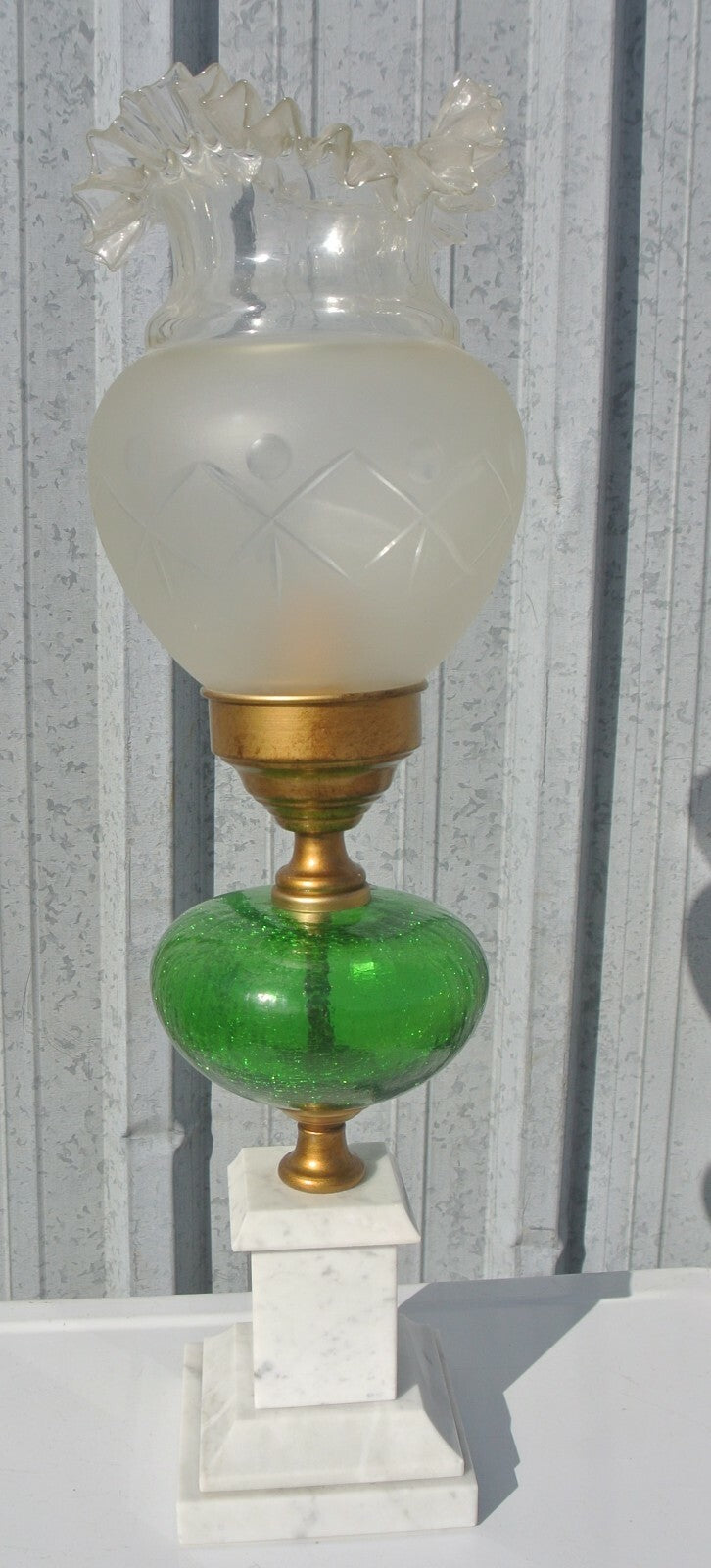 Vtge Italian White Carrara Marble & Green Crackled Hand Blown Glass Table Lamp