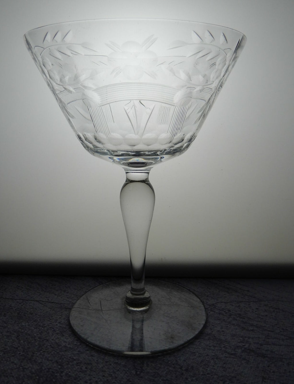 Set of 5 Flower Ornate Etched Old Crystal Champagne/ Sherbet 6oz Glasses