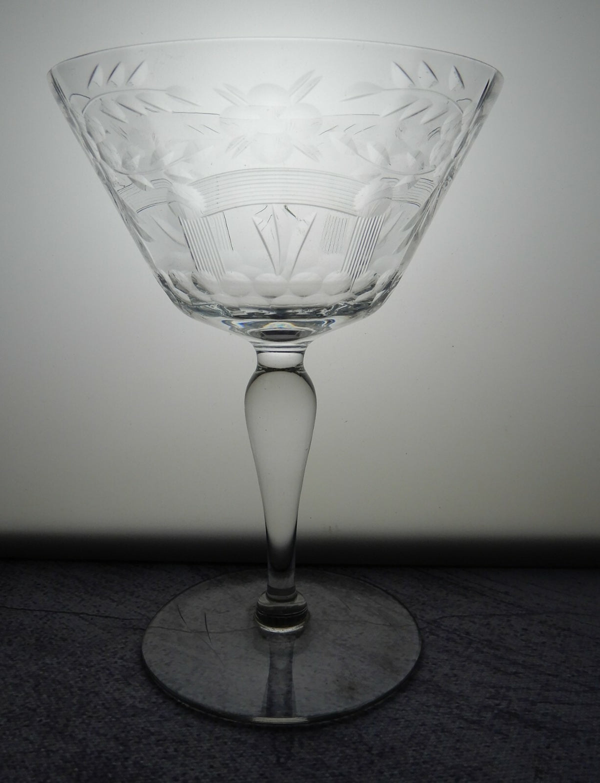 Set of 5 Flower Ornate Etched Old Crystal Champagne/ Sherbet 6oz Glasses
