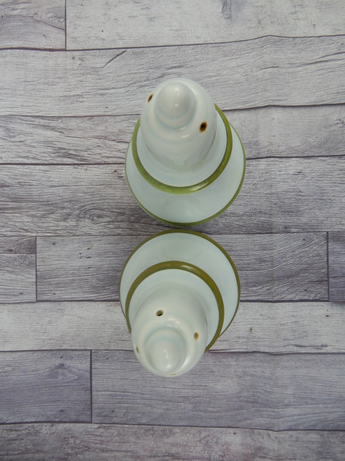 Set of Two Vintage Ironstone Big Salt & Pepper Shakers w/Green Bands