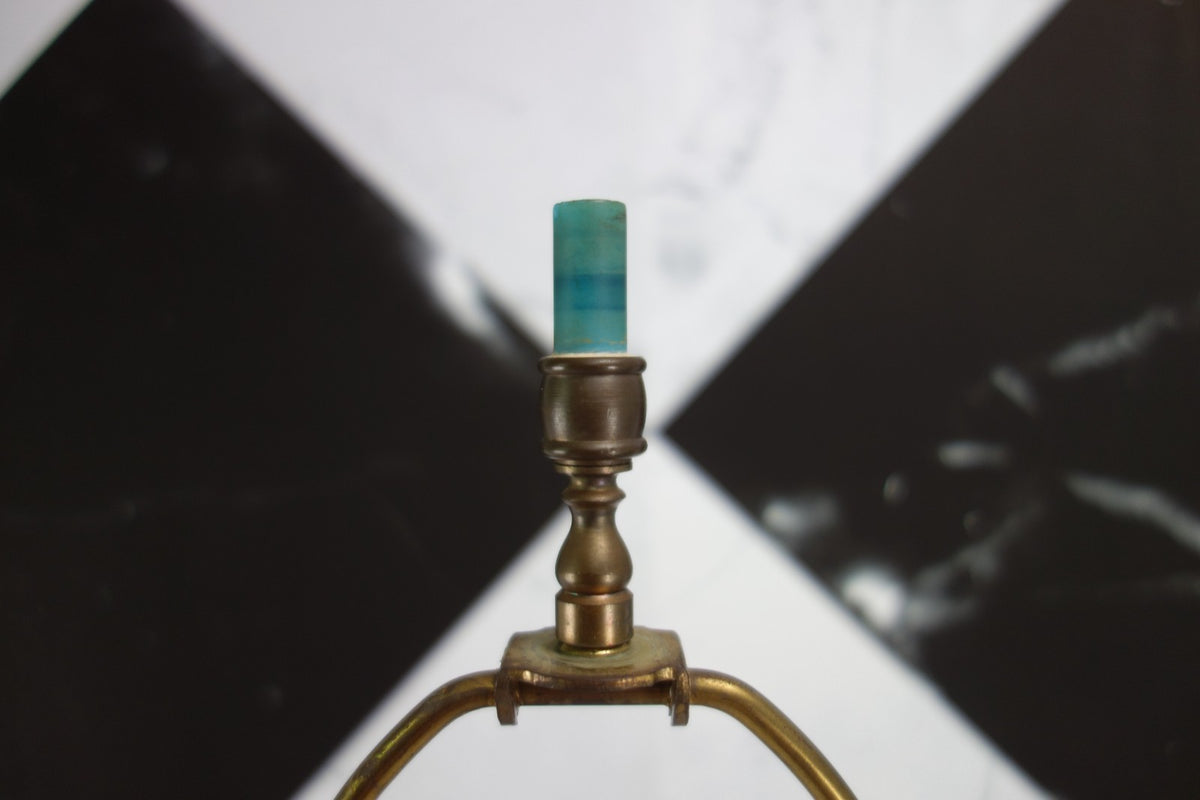 Vintage Turquoise Blue Opaline Glass Clear Top Glass Brass Base 3 Way Table Lamp