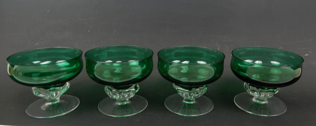 4 Hand Blown Forest Green with Clear Stemmed Sherbet 8 oz Glasses