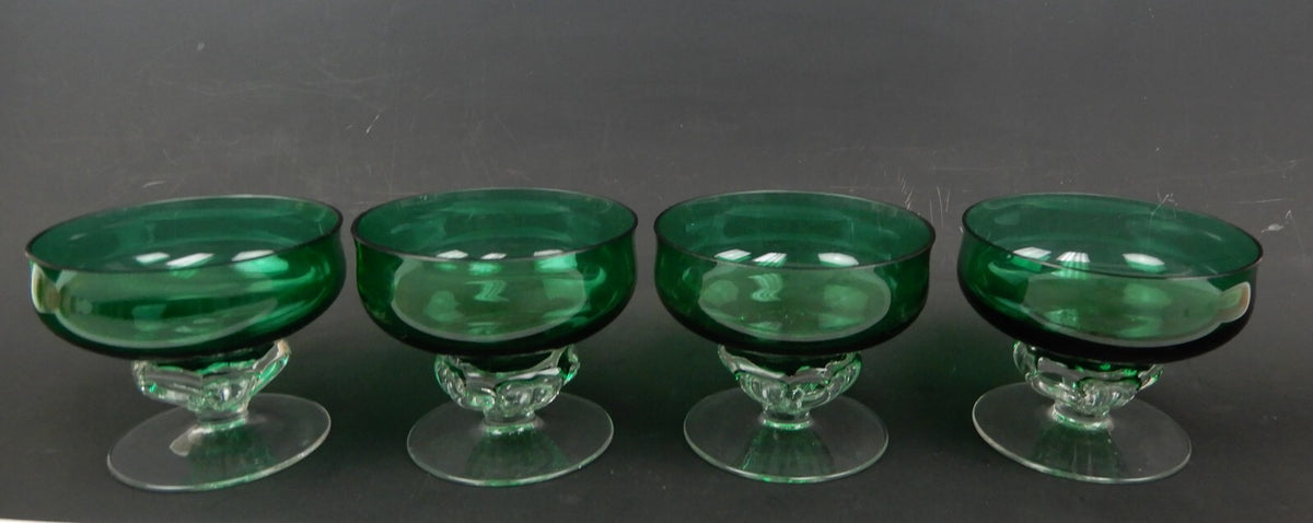 4 Hand Blown Forest Green with Clear Stemmed Sherbet 8 oz Glasses