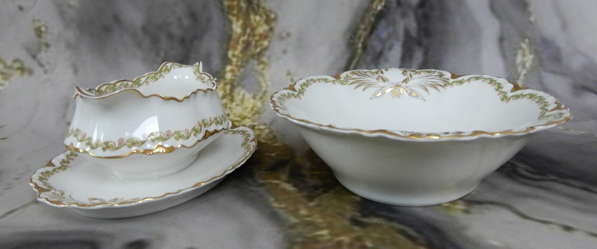 Antique Haviland Limoges "Clover Leaf " Oval Vegetable Bowl and Gravy Boat