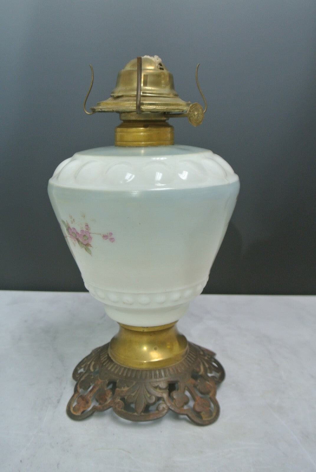 Vintage White Hurricane Lamp Base Hand-Painted Milk Glass For Repair