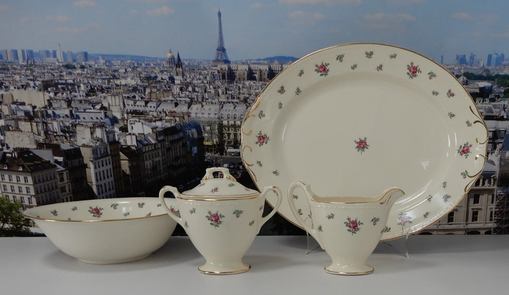 Vtg. Homer Laughlin Eggshell Georgian Rambler Rose Platter, Bowl,Sugar & Creamer