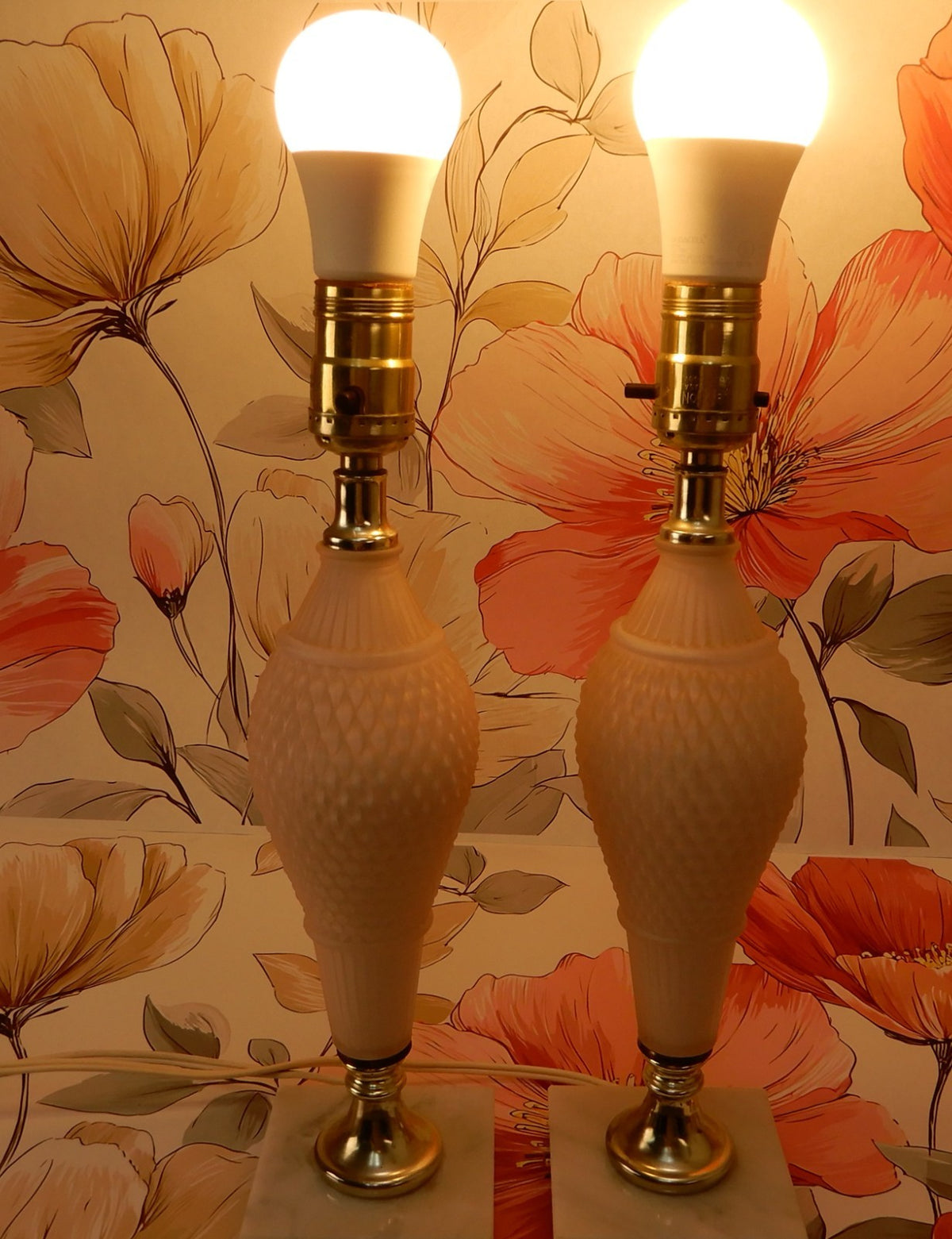 Pair of Pink Frosted Glass Quilted Pattern Table Lamps With Marble Base
