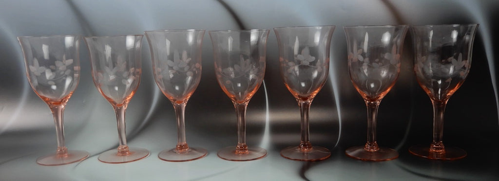 Set of 7 Pink Depression Floral Etched Stemware Wine Glasses ~10 Fluid Ounces