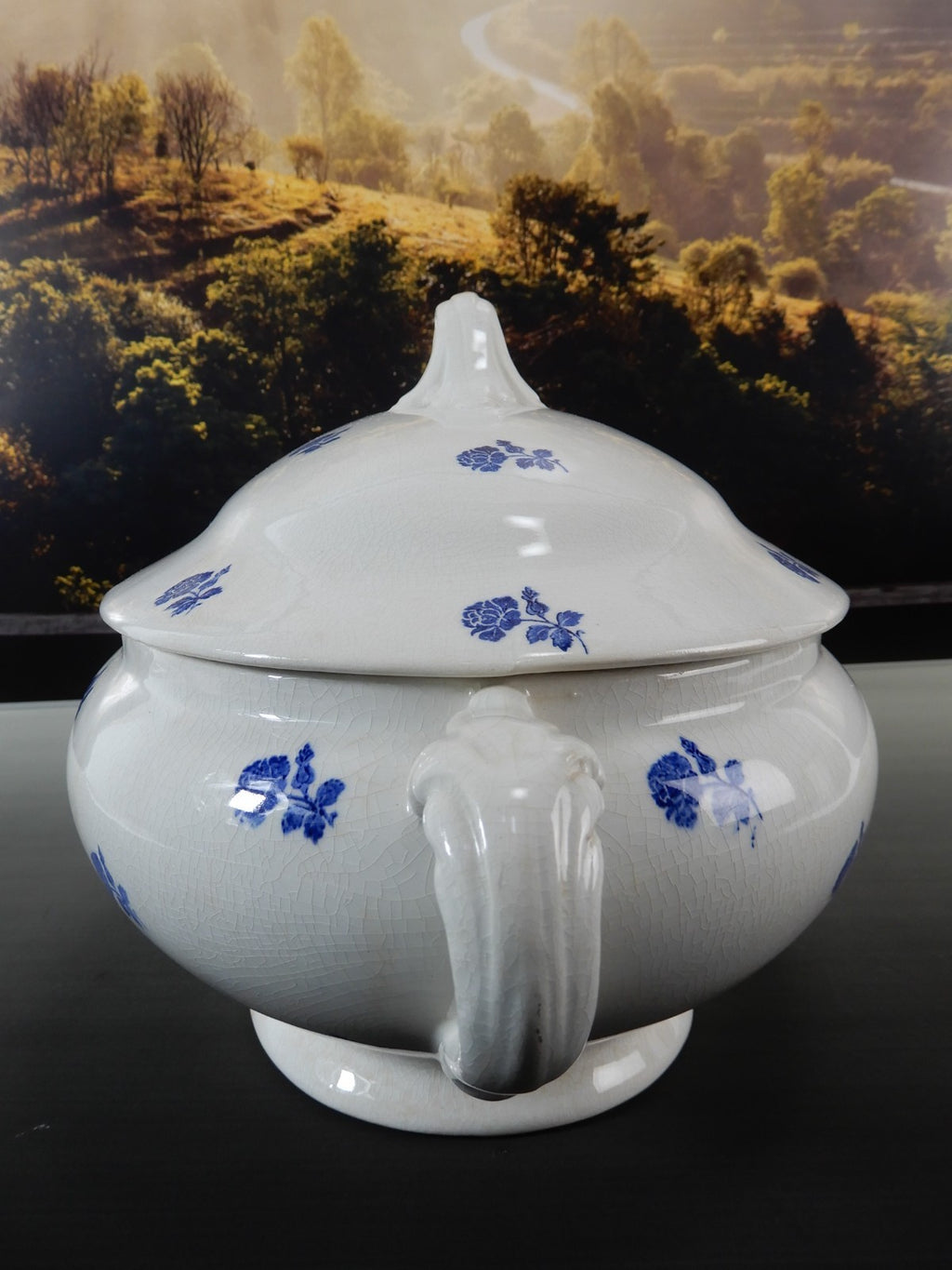 Antique GEFLE Porcelain Soup Tureen, Blue Rose Motif, Swedish Transferware