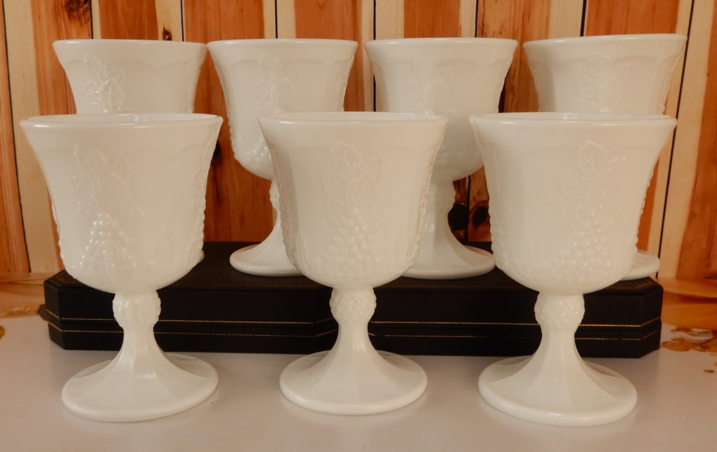 Vintage Set of 7 Indiana Colony Milk Glass Opaque White 8 oz Goblets